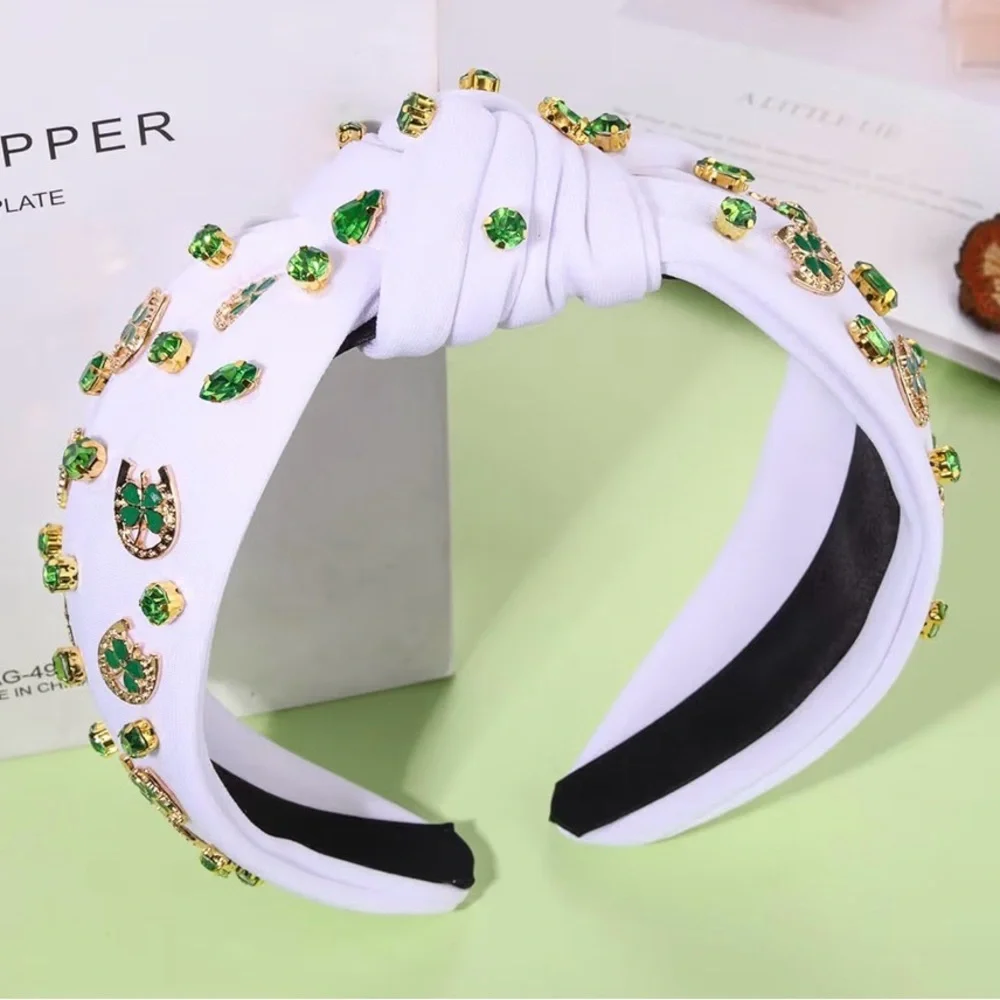 NWT White Knotted Headband with Green Gem Shamrock Horseshoe Accents